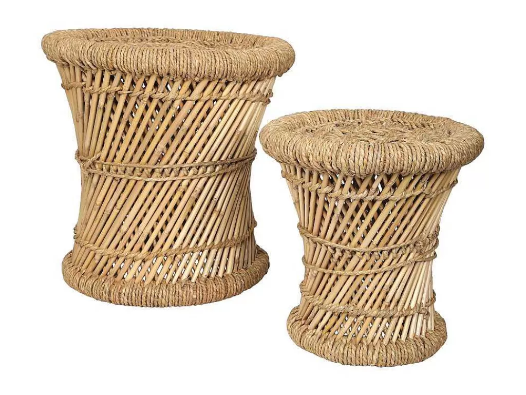 Puff*Vente-unique Conjunto De 2 Pufes Redondos Em Rotim Natural Claro - Mirtaka