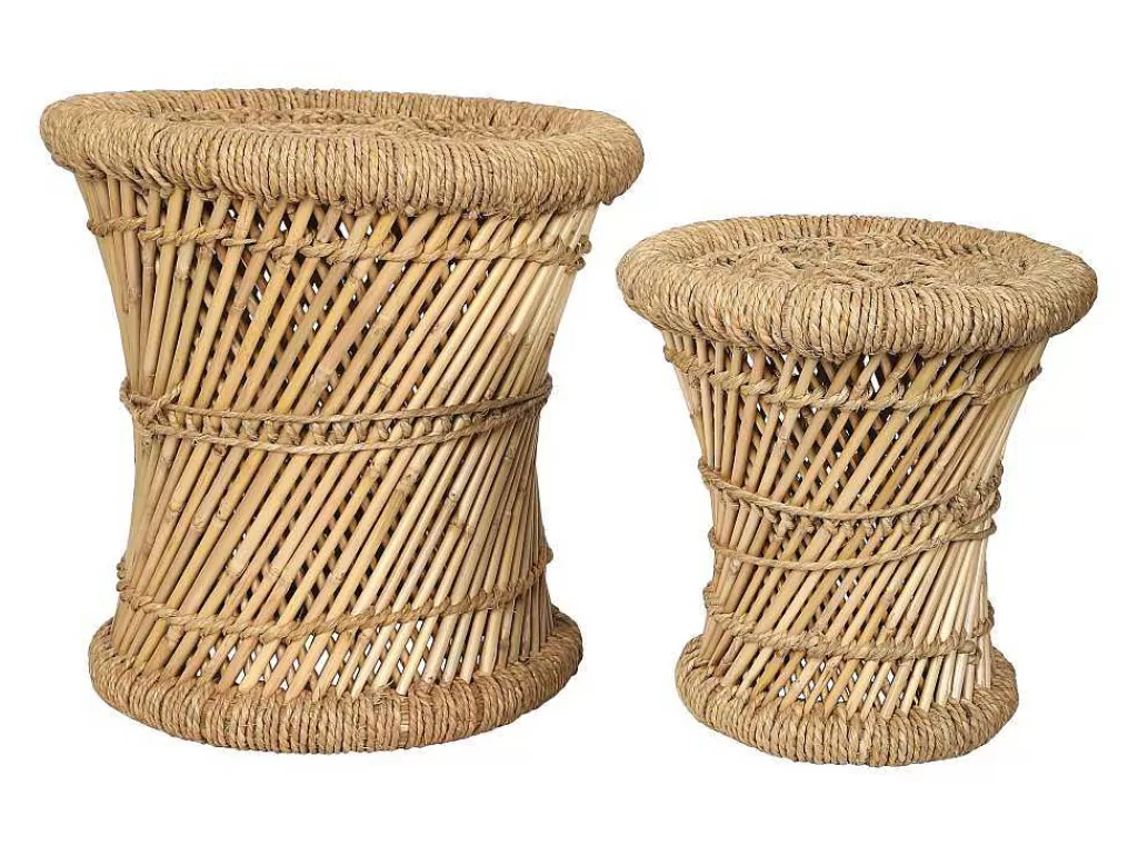 Puff*Vente-unique Conjunto De 2 Pufes Redondos Em Rotim Natural Claro - Mirtaka