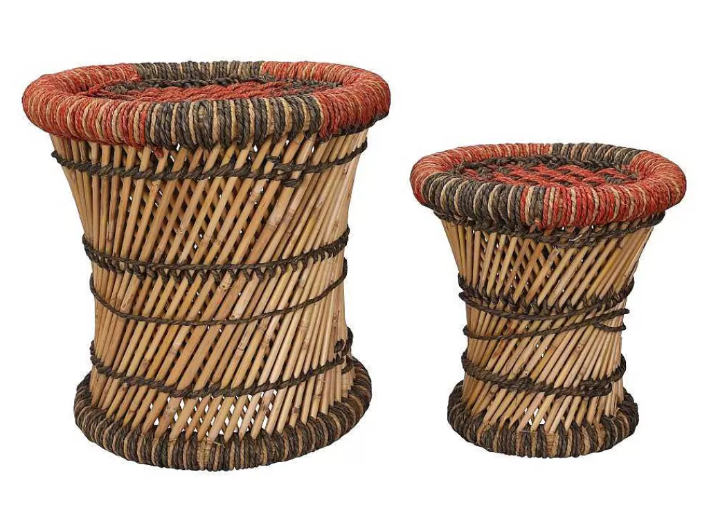 Puff*Vente-unique Conjunto De 2 Pufes Redondos Em Rotim Natural Claro E Vermelho - Mirtaka