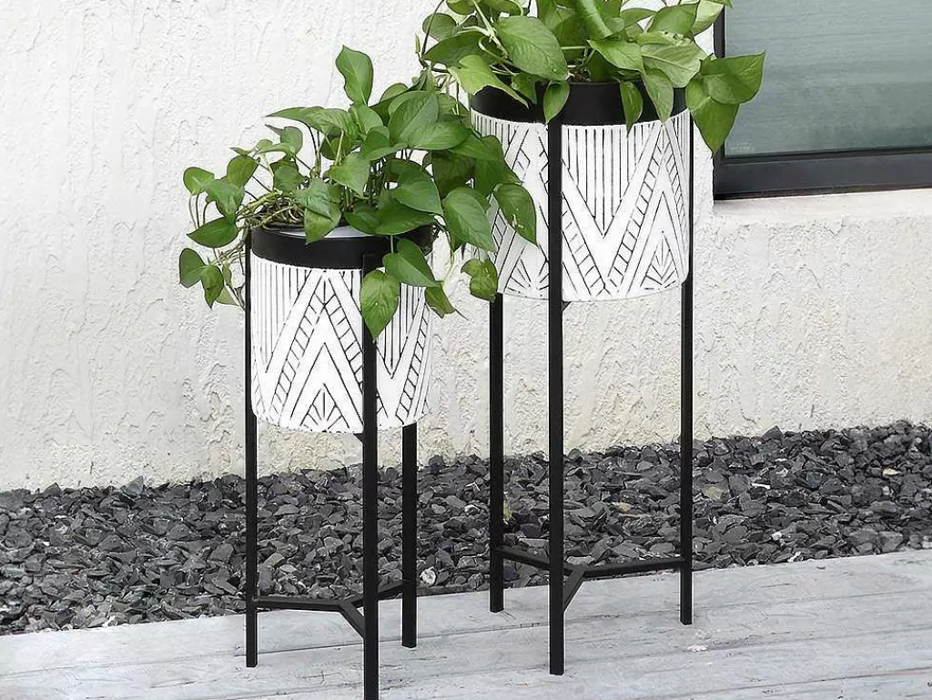 Promoções Decoração*OZAIA Conjunto De 2 Vasos De Ornamentacao Com Suporte Em Metal D. 20 X A. 53 Cm E D. 25 X A. 69 Cm Preto E Branco - Capoli