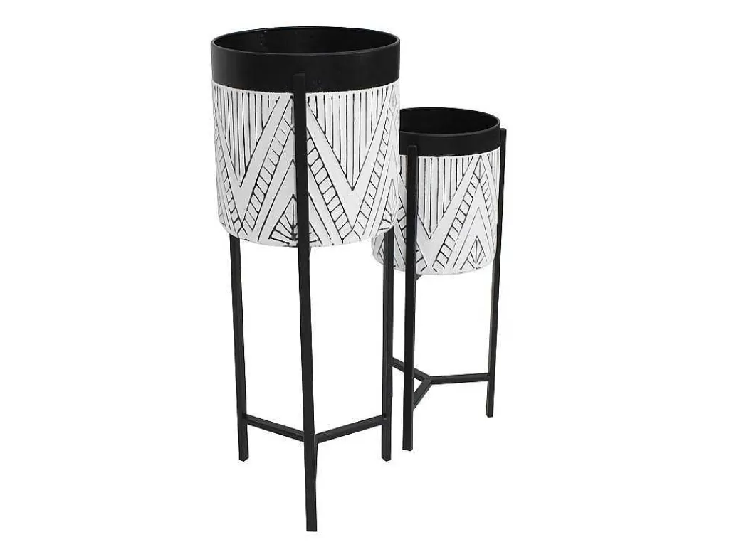 Promoções Decoração*OZAIA Conjunto De 2 Vasos De Ornamentacao Com Suporte Em Metal D. 20 X A. 53 Cm E D. 25 X A. 69 Cm Preto E Branco - Capoli