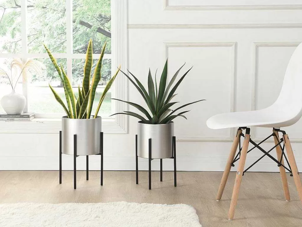 Objeto De Decoração Interior*OZAIA Conjunto De 2 Vasos Decorativos Com Pe Em Metal D25Xa39 Cm E D23Xa35,5 Cm Prateado E Preto - Edmee