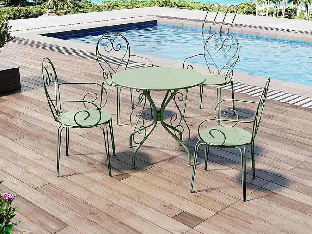 Conjunto Mesa E Cadeiras De Jardim*MYLIA Conjunto De 4 Cadeiroes De Jardim Empilhaveis Em Metal Estilo Ferro Forjado Cor Verde Amendoa - Guermantes