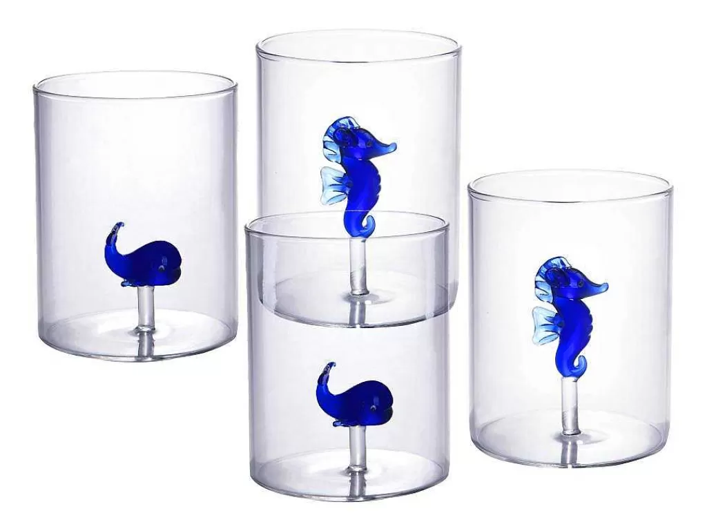 Louça E Utensílios De Cozinha*OZAIA Conjunto De 4 Copos Com Animais, Baleias E Cavalos-Marinhos, Transparente E Azul D.7,5 X A.9,5 Cm - Parasa