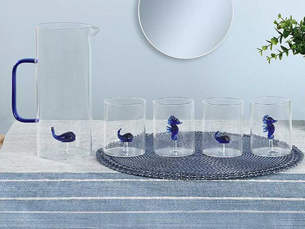 Louça E Utensílios De Cozinha*OZAIA Conjunto De 4 Copos Com Animais, Baleias E Cavalos-Marinhos, Transparente E Azul D.7,5 X A.9,5 Cm - Parasa