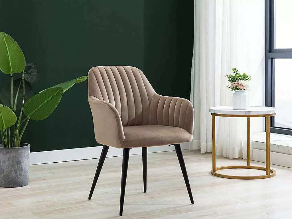 Cadeira*Vente-unique Conjunto De 6 Cadeiras Com Apoios De Bracos Em Veludo E Metal Preto, Cor Bege - Eleana