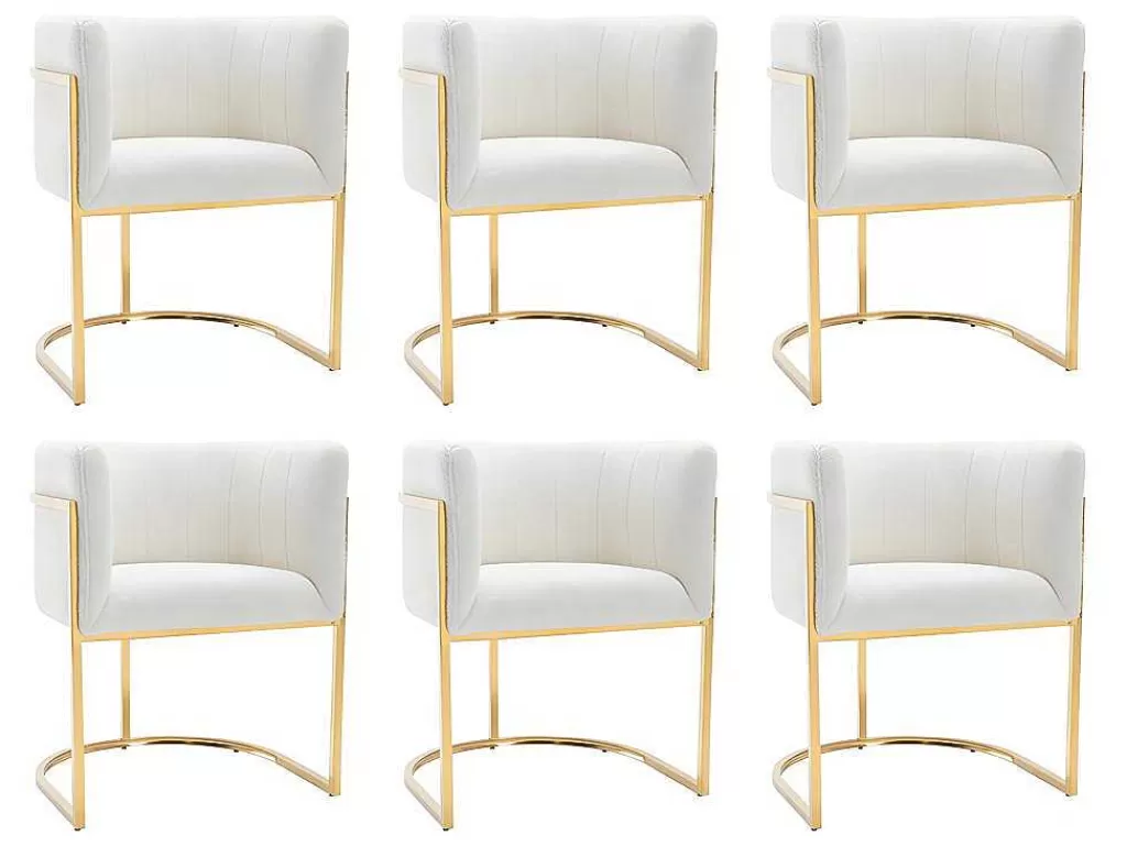 Cadeira*PASCAL MORABITO Conjunto De 6 Cadeiras Com Apoios De Bracos Tecido Boucle E Aco Inoxidavel Branco E Dourado - Peria De