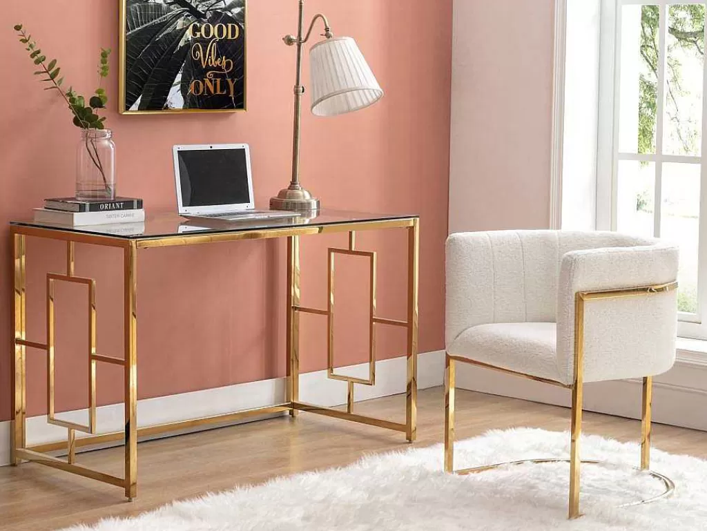 Cadeira*PASCAL MORABITO Conjunto De 6 Cadeiras Com Apoios De Bracos Tecido Boucle E Aco Inoxidavel Branco E Dourado - Peria De