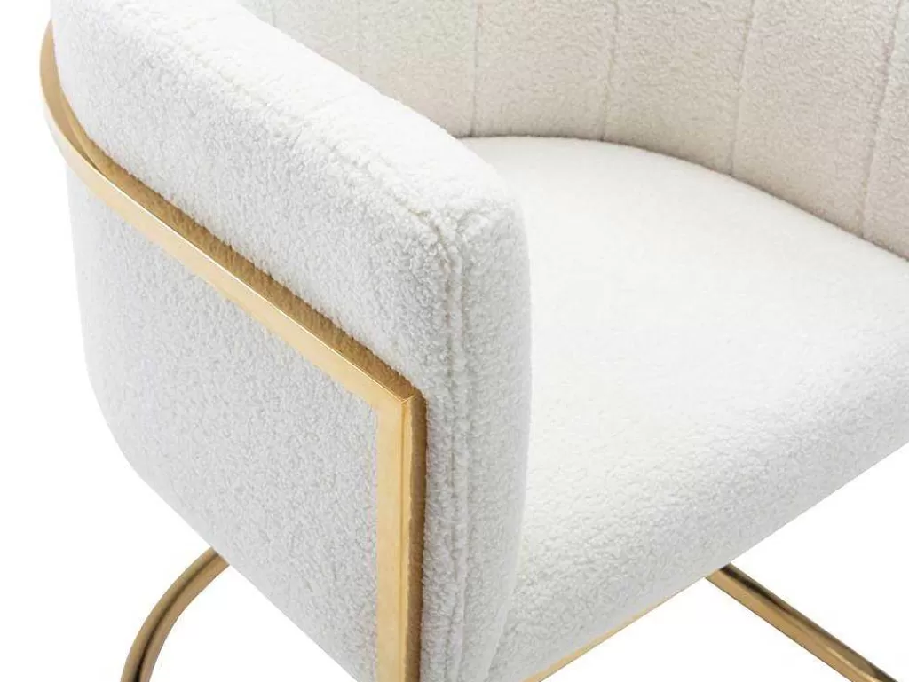 Cadeira*PASCAL MORABITO Conjunto De 6 Cadeiras Com Apoios De Bracos Tecido Boucle E Aco Inoxidavel Branco E Dourado - Peria De