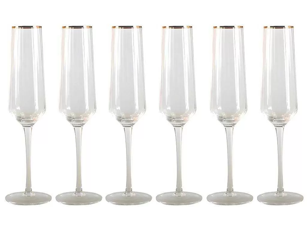 Louça E Utensílios De Cozinha*OZAIA Conjunto De 6 Copos De Champanhe Estriados Estilo Art Deco Celebration - 7 X 7 X 26 Cm - Bordas Douradas