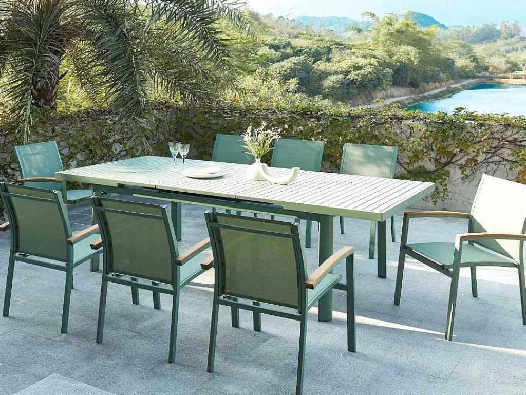 Conjunto Mesa E Cadeiras De Jardim*MYLIA Conjunto De Jantar De Jardim Em Aluminio, Uma Mesa Extensivel 180/240 Cm E 8 Cadeiroes Empilhaveis Com Apoios De Braco Em Acacia Verde-Amendoa - Nauru