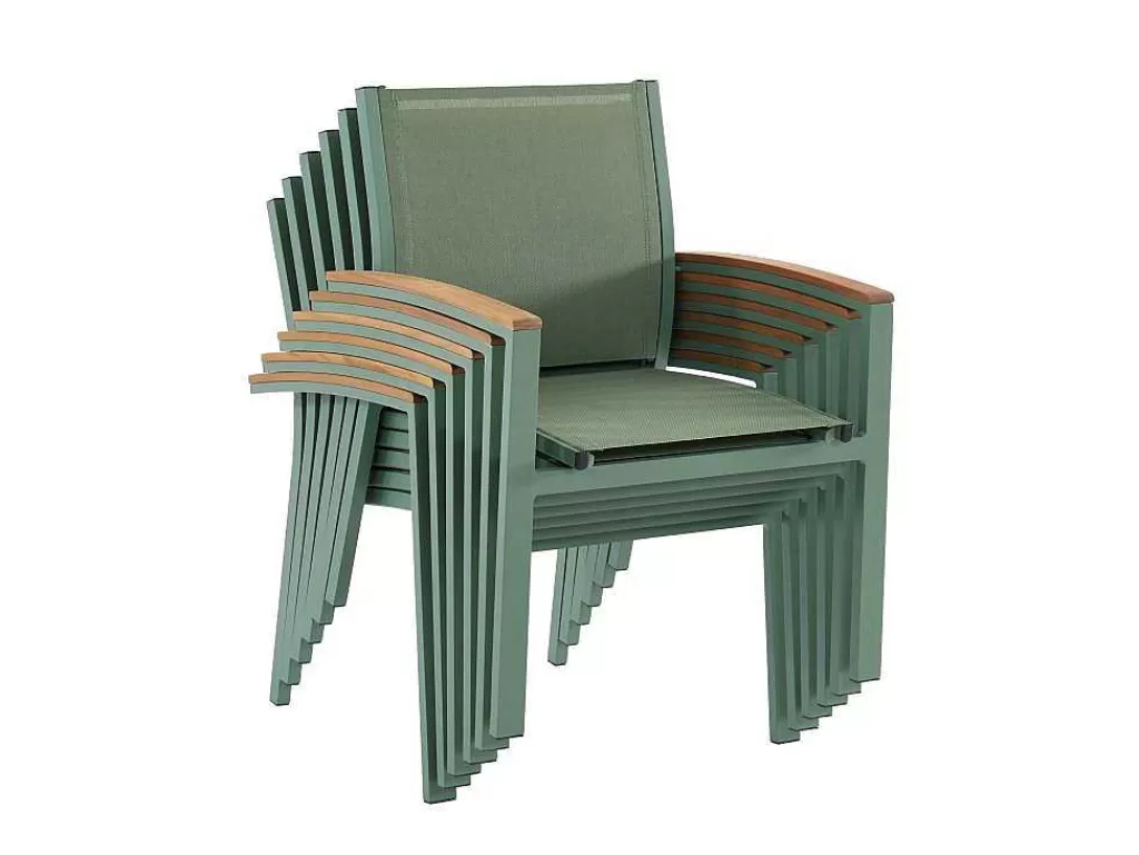 Conjunto Mesa E Cadeiras De Jardim*MYLIA Conjunto De Jantar De Jardim Em Aluminio, Uma Mesa Extensivel 180/240 Cm E 8 Cadeiroes Empilhaveis Com Apoios De Braco Em Acacia Verde-Amendoa - Nauru