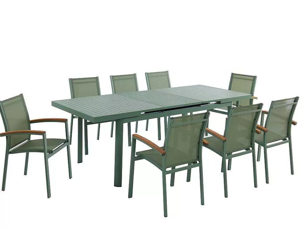 Conjunto Mesa E Cadeiras De Jardim*MYLIA Conjunto De Jantar De Jardim Em Aluminio, Uma Mesa Extensivel 180/240 Cm E 8 Cadeiroes Empilhaveis Com Apoios De Braco Em Acacia Verde-Amendoa - Nauru