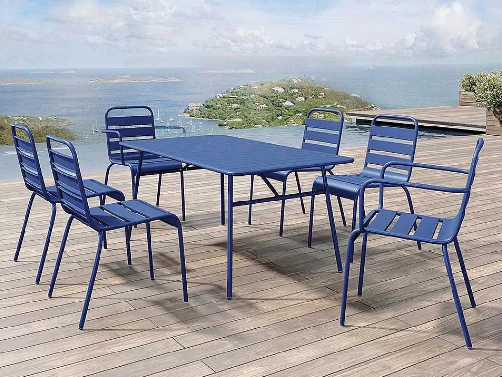 Conjunto Mesa E Cadeiras De Jardim*MYLIA Conjunto De Jantar De Jardim Em Metal, Uma Mesa C. 160 Cm Com 2 Cadeiroes Empilhaveis E 4 Cadeiras Empilhaveis Azul-Escuro - Mirmande