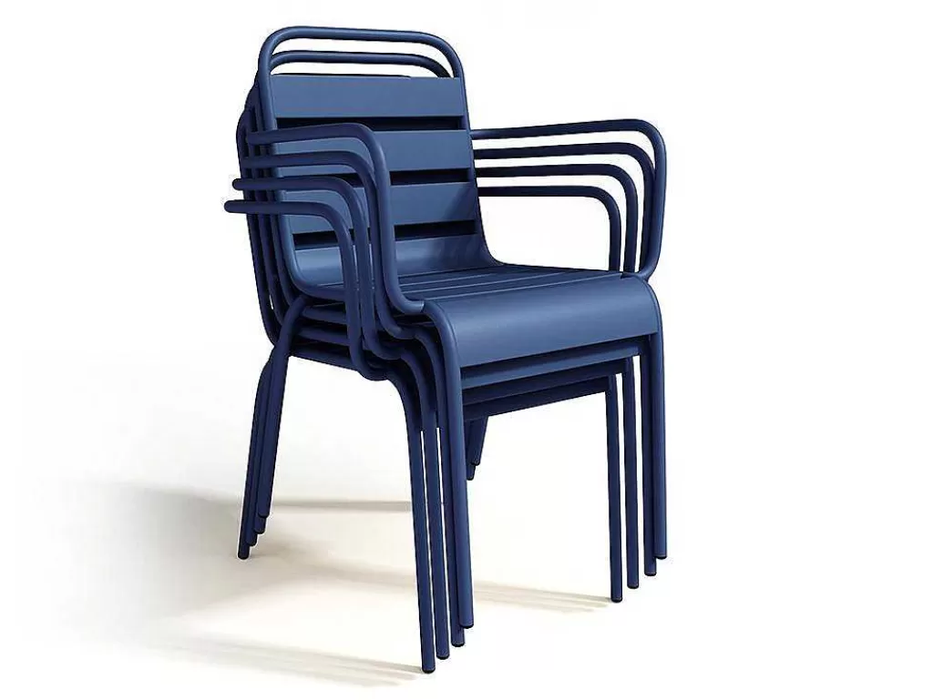 Conjunto Mesa E Cadeiras De Jardim*MYLIA Conjunto De Jantar De Jardim Em Metal, Uma Mesa C. 160 Cm Com 2 Cadeiroes Empilhaveis E 4 Cadeiras Empilhaveis Azul-Escuro - Mirmande