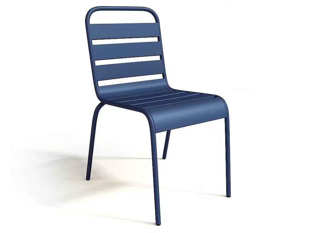 Conjunto Mesa E Cadeiras De Jardim*MYLIA Conjunto De Jantar De Jardim Em Metal, Uma Mesa C. 160 Cm Com 2 Cadeiroes Empilhaveis E 4 Cadeiras Empilhaveis Azul-Escuro - Mirmande