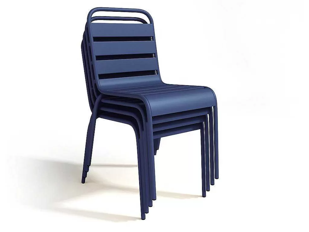 Conjunto Mesa E Cadeiras De Jardim*MYLIA Conjunto De Jantar De Jardim Em Metal, Uma Mesa C. 160 Cm Com 2 Cadeiroes Empilhaveis E 4 Cadeiras Empilhaveis Azul-Escuro - Mirmande