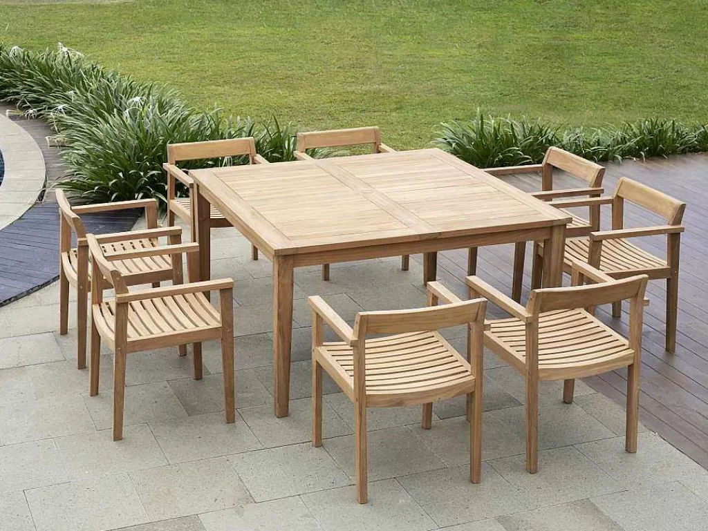 Conjunto Mesa E Cadeiras De Jardim*MYLIA Conjunto De Jantar De Jardim Em Teca, 1 Mesa Quadrada + 8 Cadeiroes, Natural Claro - Allende