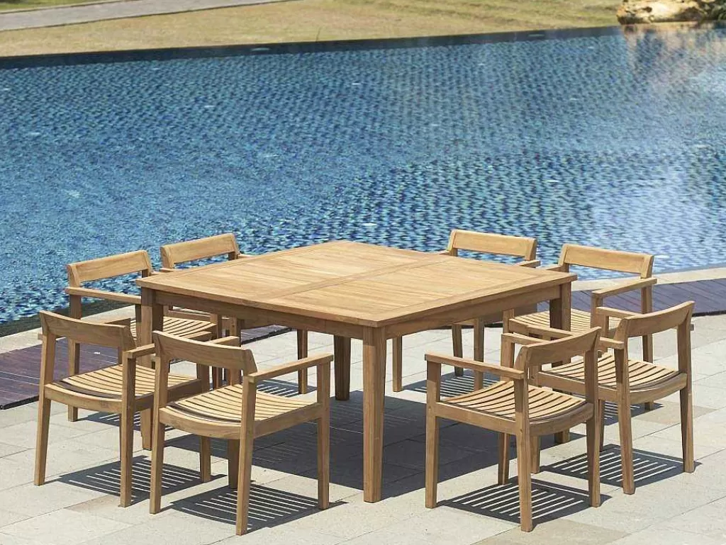 Conjunto Mesa E Cadeiras De Jardim*MYLIA Conjunto De Jantar De Jardim Em Teca, 1 Mesa Quadrada + 8 Cadeiroes, Natural Claro - Allende