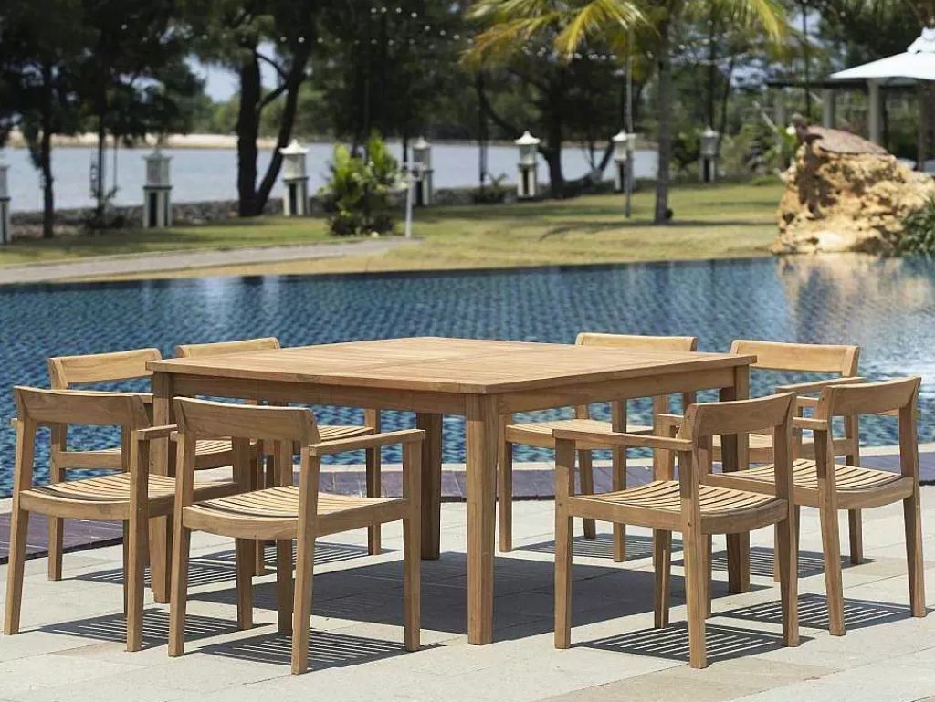 Conjunto Mesa E Cadeiras De Jardim*MYLIA Conjunto De Jantar De Jardim Em Teca, 1 Mesa Quadrada + 8 Cadeiroes, Natural Claro - Allende