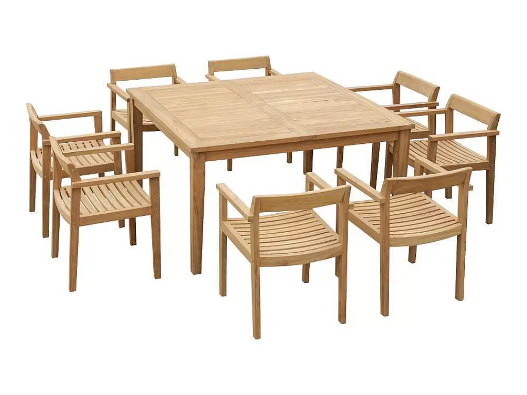 Conjunto Mesa E Cadeiras De Jardim*MYLIA Conjunto De Jantar De Jardim Em Teca, 1 Mesa Quadrada + 8 Cadeiroes, Natural Claro - Allende