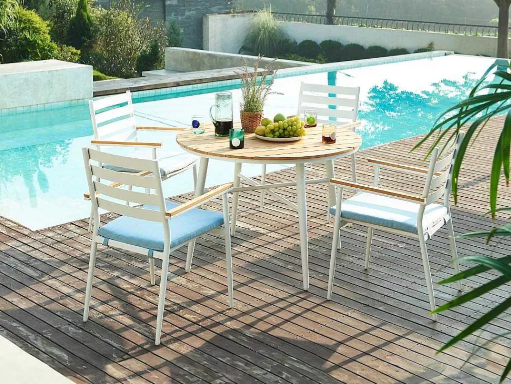 Conjunto Mesa E Cadeiras De Jardim*MYLIA Conjunto De Jantar De Jardim Madeira E Aluminio: Uma Mesa D.110 Cm E 4 Cadeiroes, Branco E Natural Claro - Miami De