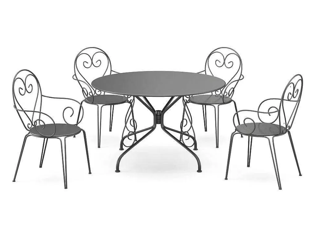 Conjunto Mesa E Cadeiras De Jardim*MYLIA Conjunto De Jantar De Jardim Metal Acabamento Ferro Forjado, Uma Mesa D120 Cm E 4 Cadeiroes Empilhaveis Antracite - Guermantes De