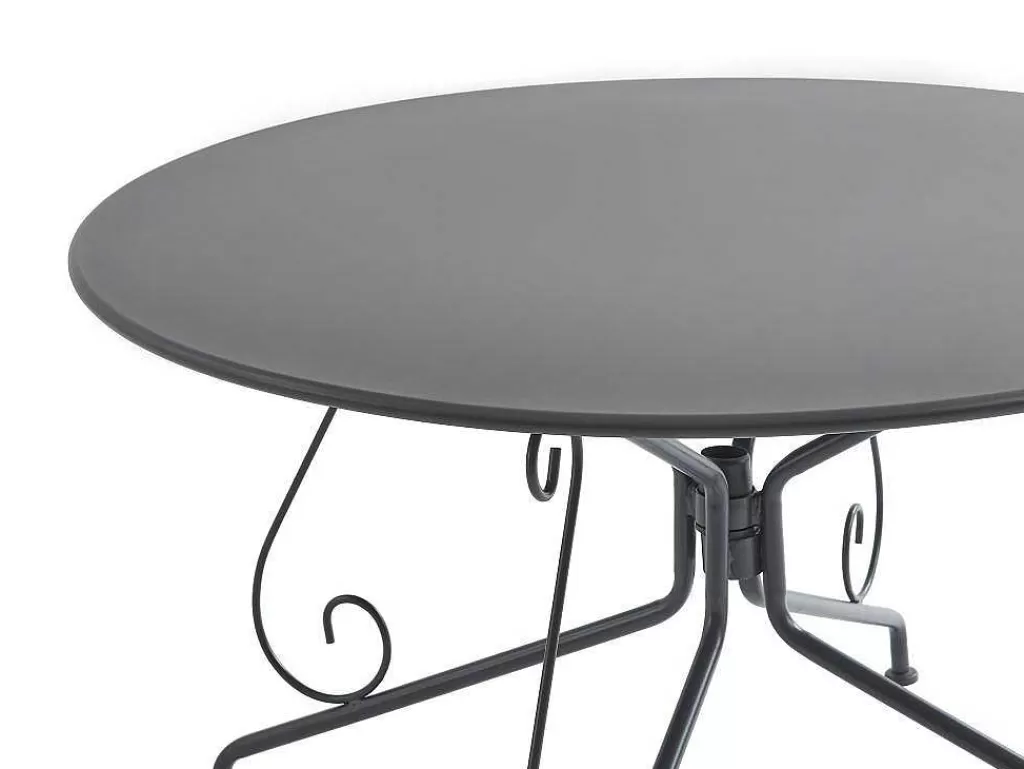 Conjunto Mesa E Cadeiras De Jardim*MYLIA Conjunto De Jantar De Jardim Metal Acabamento Ferro Forjado, Uma Mesa D120 Cm E 4 Cadeiroes Empilhaveis Antracite - Guermantes De