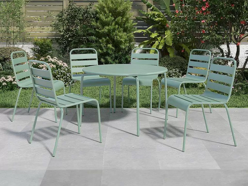 Conjunto Mesa E Cadeiras De Jardim*MYLIA Conjunto De Jantar De Jardim Metal, Uma Mesa Redonda D.130 Cm E 6 Cadeiras Empilhaveis Verde Amendoa - Mirmande De