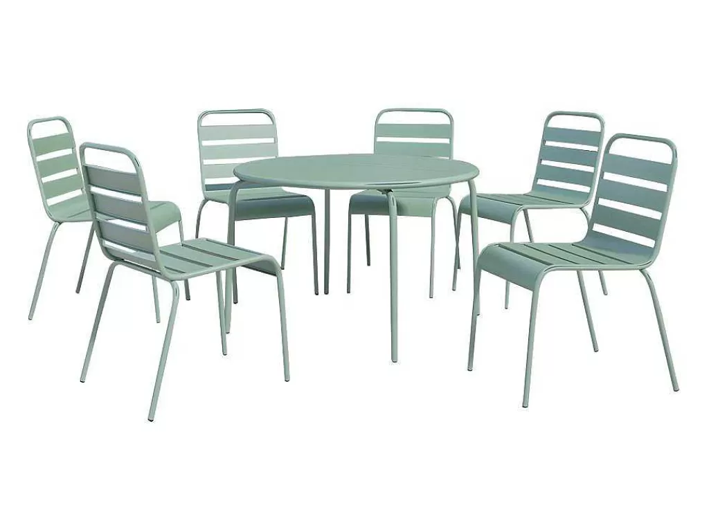 Conjunto Mesa E Cadeiras De Jardim*MYLIA Conjunto De Jantar De Jardim Metal, Uma Mesa Redonda D.130 Cm E 6 Cadeiras Empilhaveis Verde Amendoa - Mirmande De