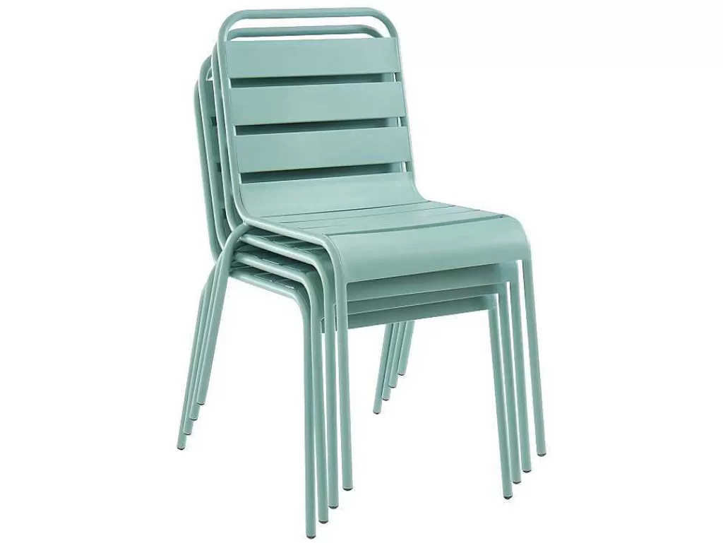Conjunto Mesa E Cadeiras De Jardim*MYLIA Conjunto De Jantar De Jardim Metal, Uma Mesa Redonda D.130 Cm E 6 Cadeiras Empilhaveis Verde Amendoa - Mirmande De
