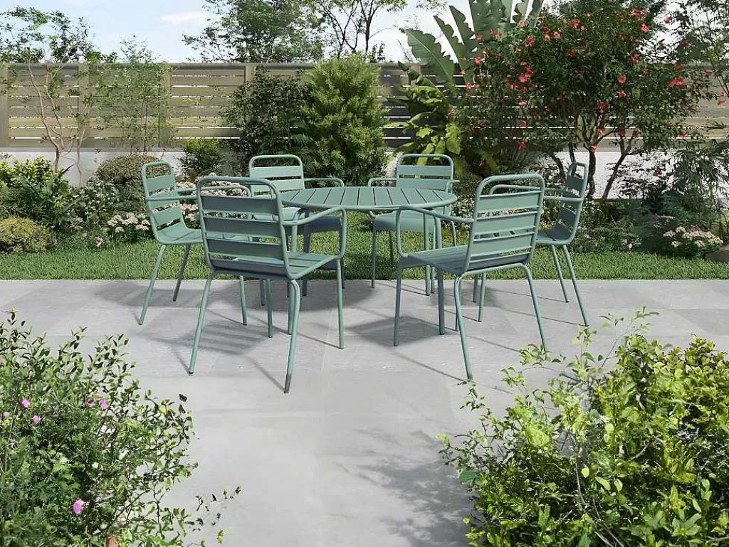 Conjunto Mesa E Cadeiras De Jardim*MYLIA Conjunto De Jantar De Jardim Metal, Uma Mesa Redonda D.130 Cm E 6 Cadeiroes Empilhaveis Verde Amendoa - Mirmande De