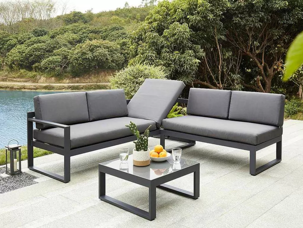 Conjunto Relax De Jardim*MYLIA Conjunto De Jardim Em Aluminio: Mesa De Centro E Sofá De Canto Levadico, 6 Lugares - Antracite - Palaos Ii De