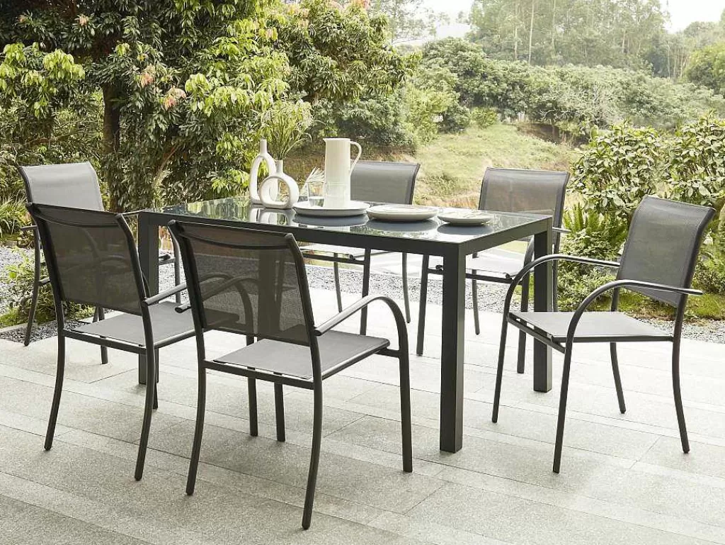 Conjunto Mesa E Cadeiras De Jardim*MYLIA Conjunto De Jardim Em Aluminio, Uma Mesa C. 150 Cm E 6 Cadeiroes, Cinzento Antracite - Jolane