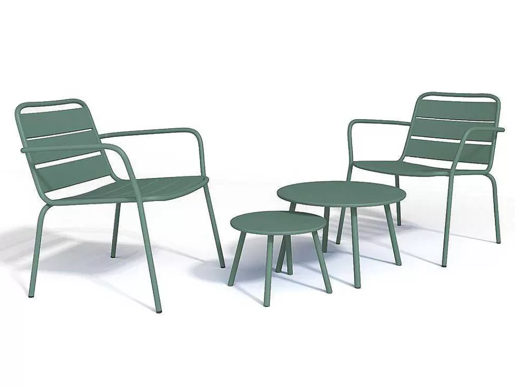Conjunto Relax De Jardim*MYLIA Conjunto De Jardim Em Metal, 2 Cadeiroes Baixos Empilhaveis E Mesas De Encaixar, Verde-Amendoa - Mirmande