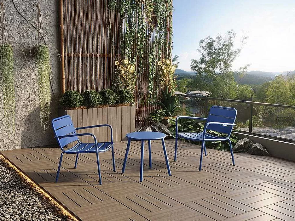 Conjunto Relax De Jardim*MYLIA Conjunto De Jardim Em Metal, 2 Cadeiroes Baixos Empilhaveis E Uma Mesa De Apoio, Azul-Escuro - Mirmande