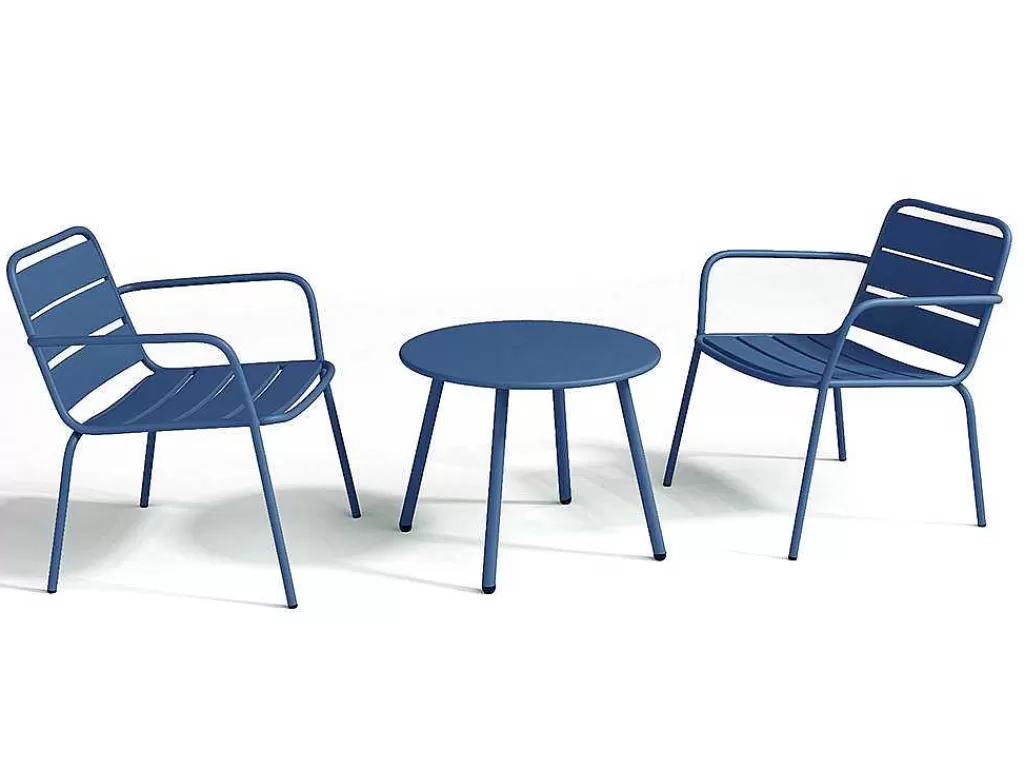 Conjunto Relax De Jardim*MYLIA Conjunto De Jardim Em Metal, 2 Cadeiroes Baixos Empilhaveis E Uma Mesa De Apoio, Azul-Escuro - Mirmande