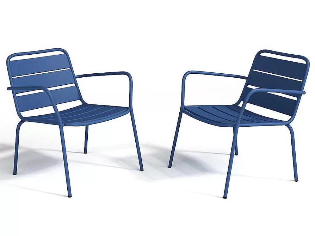 Conjunto Relax De Jardim*MYLIA Conjunto De Jardim Em Metal, 2 Cadeiroes Baixos Empilhaveis E Uma Mesa De Apoio, Azul-Escuro - Mirmande