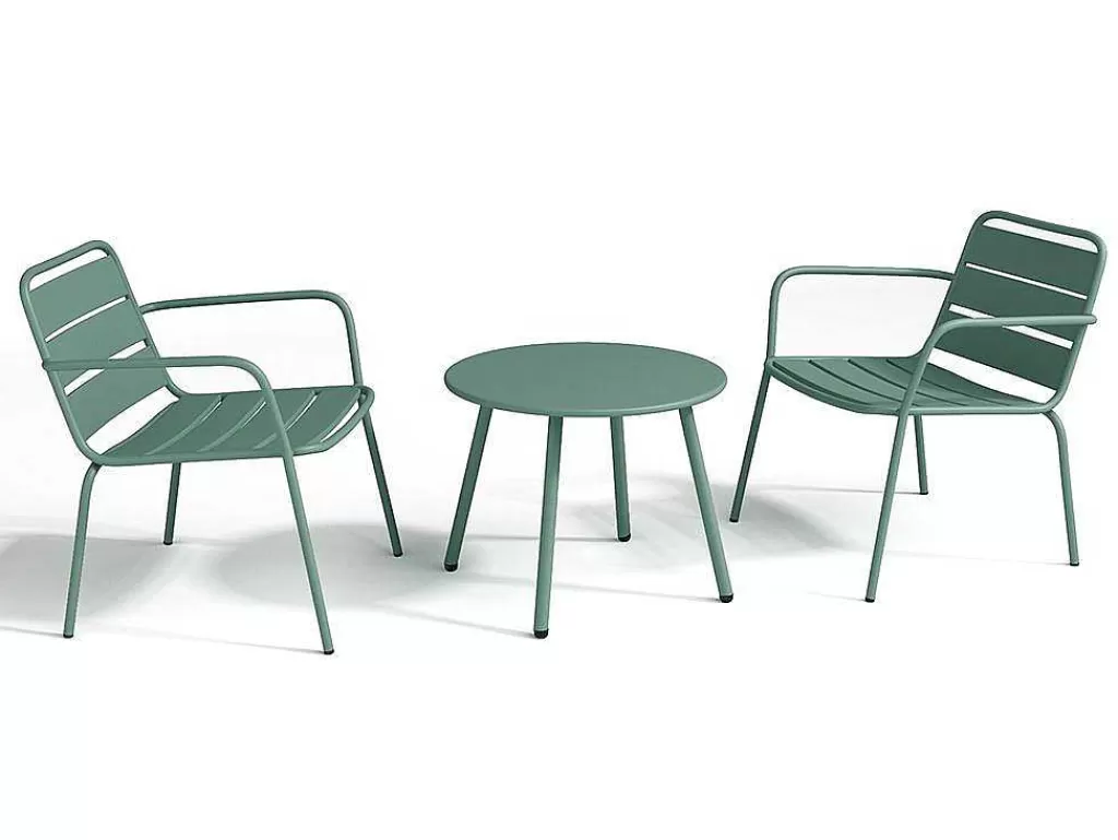 Conjunto Relax De Jardim*MYLIA Conjunto De Jardim Em Metal, 2 Cadeiroes Baixos Empilhaveis E Uma Mesa De Apoio, Verde-Amendoa - Mirmande
