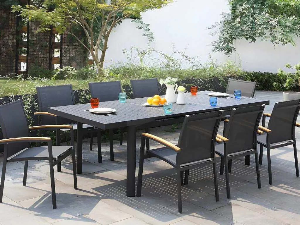 Conjunto Mesa E Cadeiras De Jardim*MYLIA Conjunto De Jardim Mesa E Cadeiras De Jardim Em Aluminio: Uma Mesa Extensivel 180/240 Cm E 8 Cadeiras Empilhaveis - Cinza Escuro - Nauru