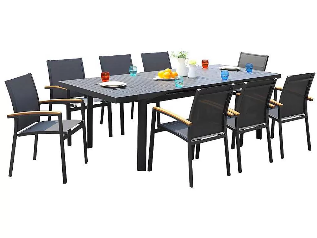 Conjunto Mesa E Cadeiras De Jardim*MYLIA Conjunto De Jardim Mesa E Cadeiras De Jardim Em Aluminio: Uma Mesa Extensivel 180/240 Cm E 8 Cadeiras Empilhaveis - Cinza Escuro - Nauru