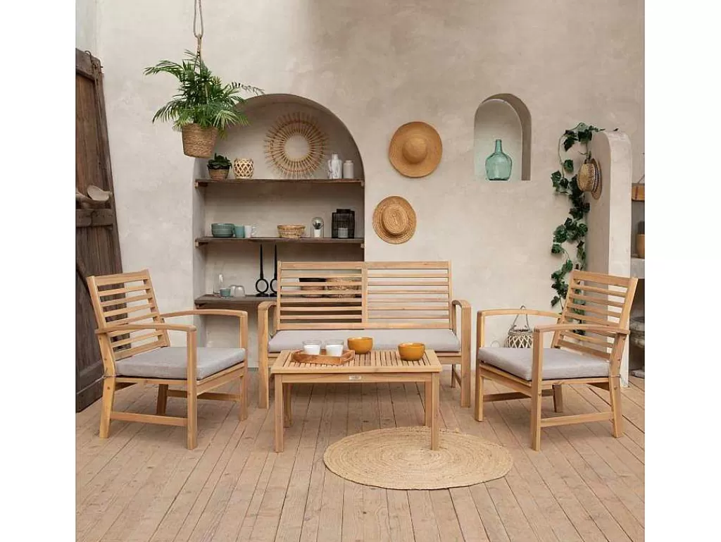 Conjunto Relax De Jardim*Happy Garden Conjunto De Mobiliário De Jardim De Acacia Goa 4 Lugares - Almofadas De Areia
