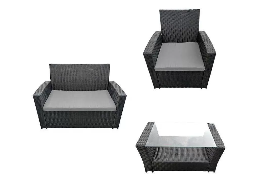 Conjunto Relax De Jardim*Happy Garden Conjunto De Moveis De Jardim Comino Em Resina Tecida Preta 4 Lugares - Almofadas Cinzentas