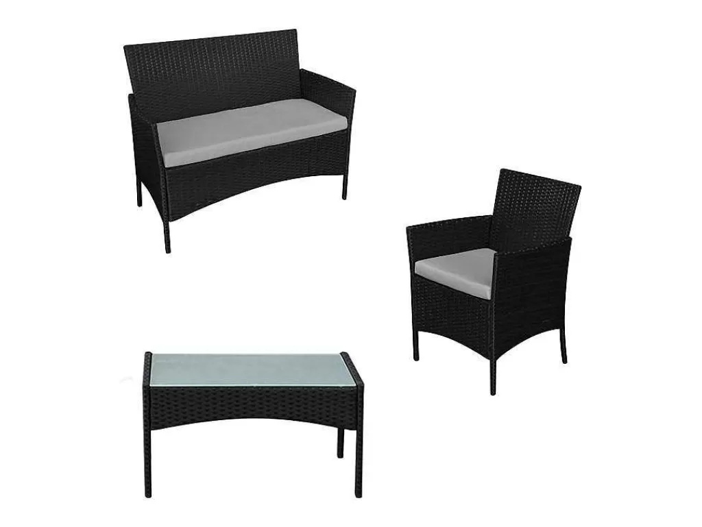 Conjunto Relax De Jardim*Happy Garden Conjunto De Moveis De Jardim Corfou Em Resina Tecida Preta 4 Lugares - Almofadas Cinzentas
