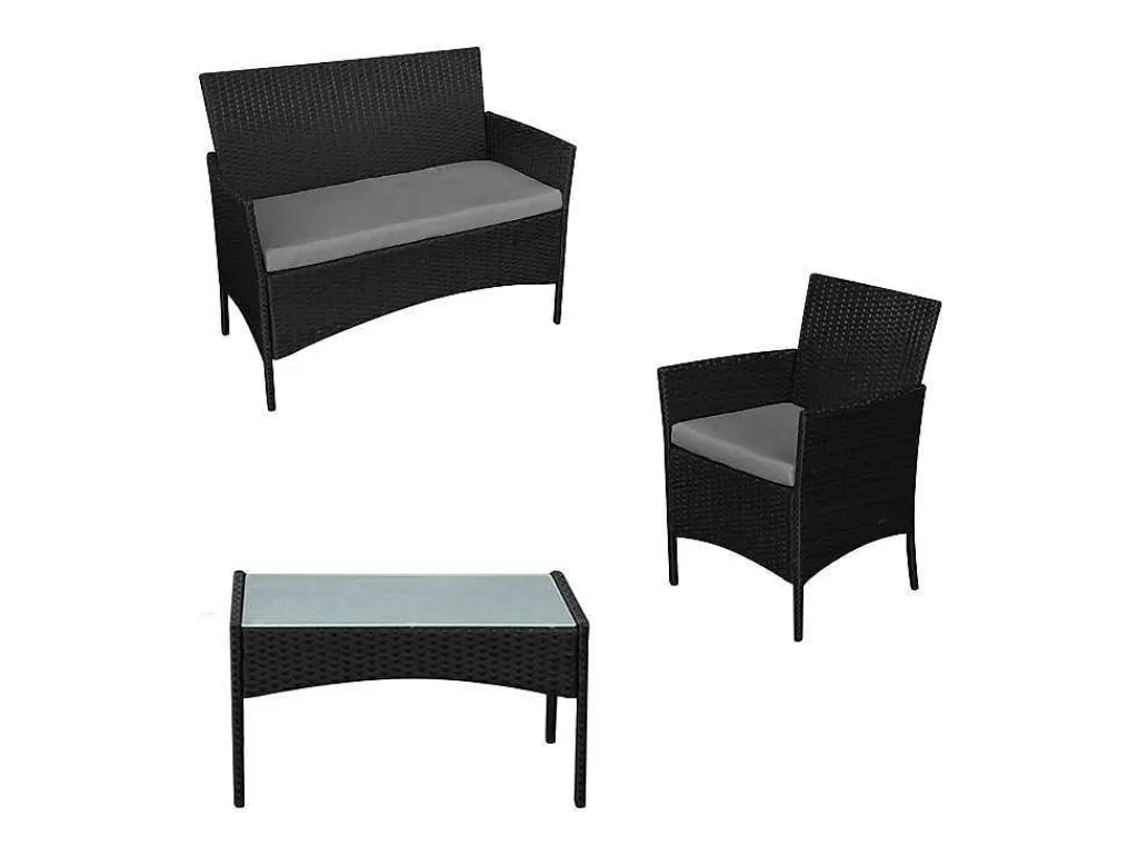 Conjunto Relax De Jardim*Happy Garden Conjunto De Moveis De Jardim Corfou Em Resina Tecida Preta 4 Lugares - Almofadas Cinzentas