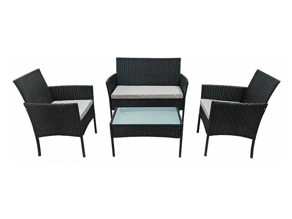 Conjunto Relax De Jardim*Happy Garden Conjunto De Moveis De Jardim Corfou Em Resina Tecida Preta 4 Lugares - Almofadas Cinzentas
