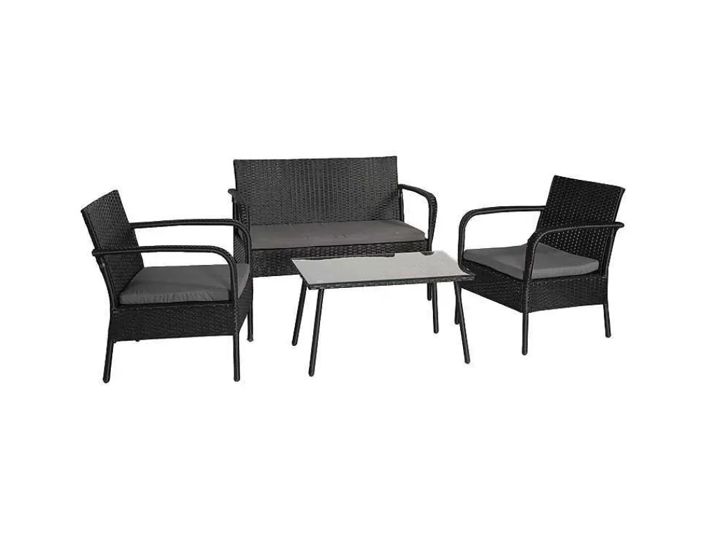 Conjunto Relax De Jardim*Happy Garden Conjunto De Moveis De Jardim Lipari Em Resina Tecida Em Preto - Almofadas Cinzentas