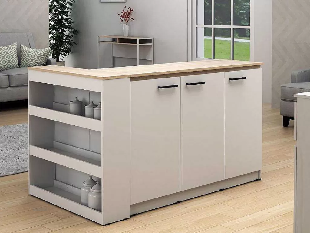 Ilha De Cozinha*Vente-unique Conjunto Ilha Central De Cozinha + 2 Bancos Altos, Branco E Natural Claro - Nusice