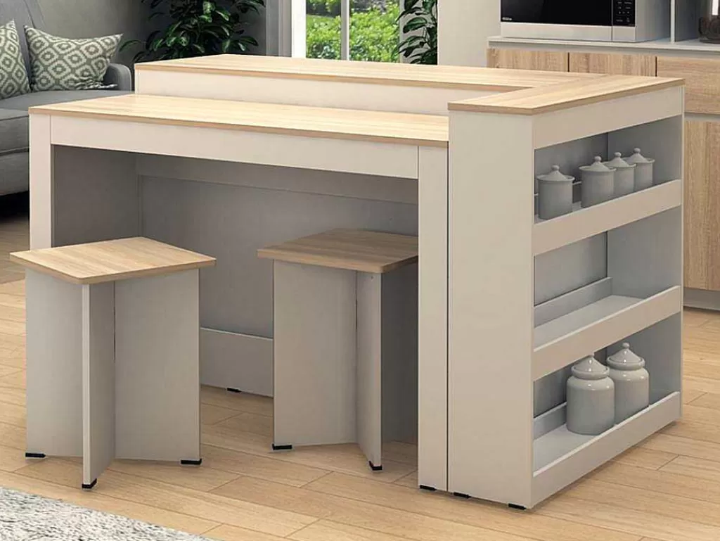 Ilha De Cozinha*Vente-unique Conjunto Ilha Central De Cozinha + 2 Bancos Altos, Branco E Natural Claro - Nusice