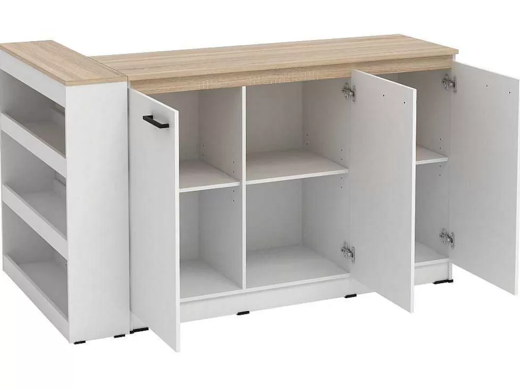 Ilha De Cozinha*Vente-unique Conjunto Ilha Central De Cozinha + 2 Bancos Altos, Branco E Natural Claro - Nusice